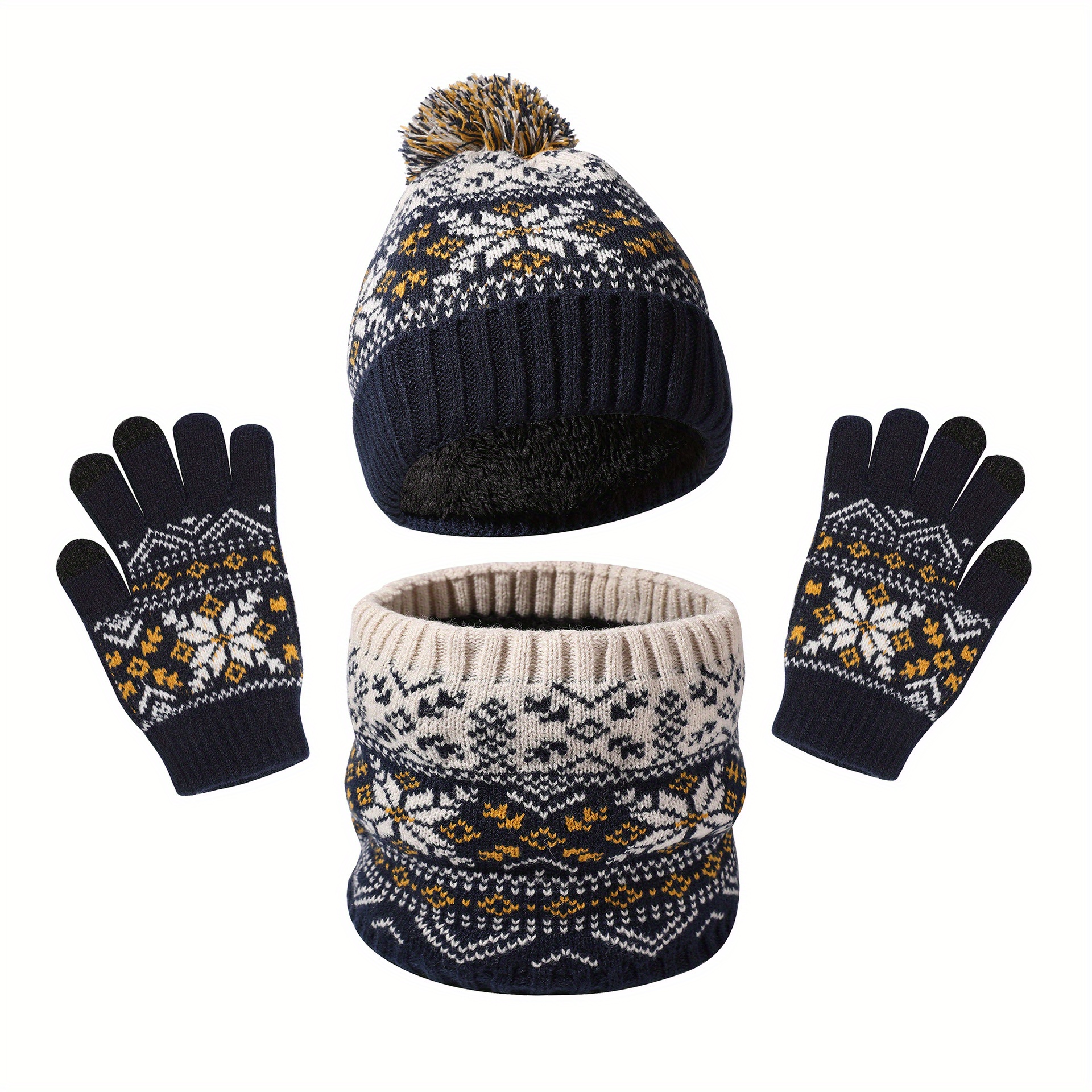 Image of Autumn And Winter Warm Student Girl Boy Hat Cute Snowflake Knitted Fleece-lined Hat Scarf Gloves Three-piece Set Suitable For Aged 5 To 8 To Use.