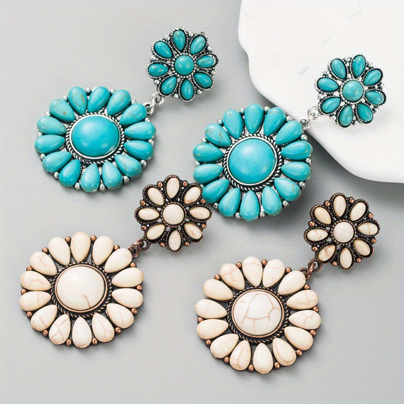 

2pcs - Retro Turquoise Earrings Fashion Alloy Inlaid Turquoise Round Earrings