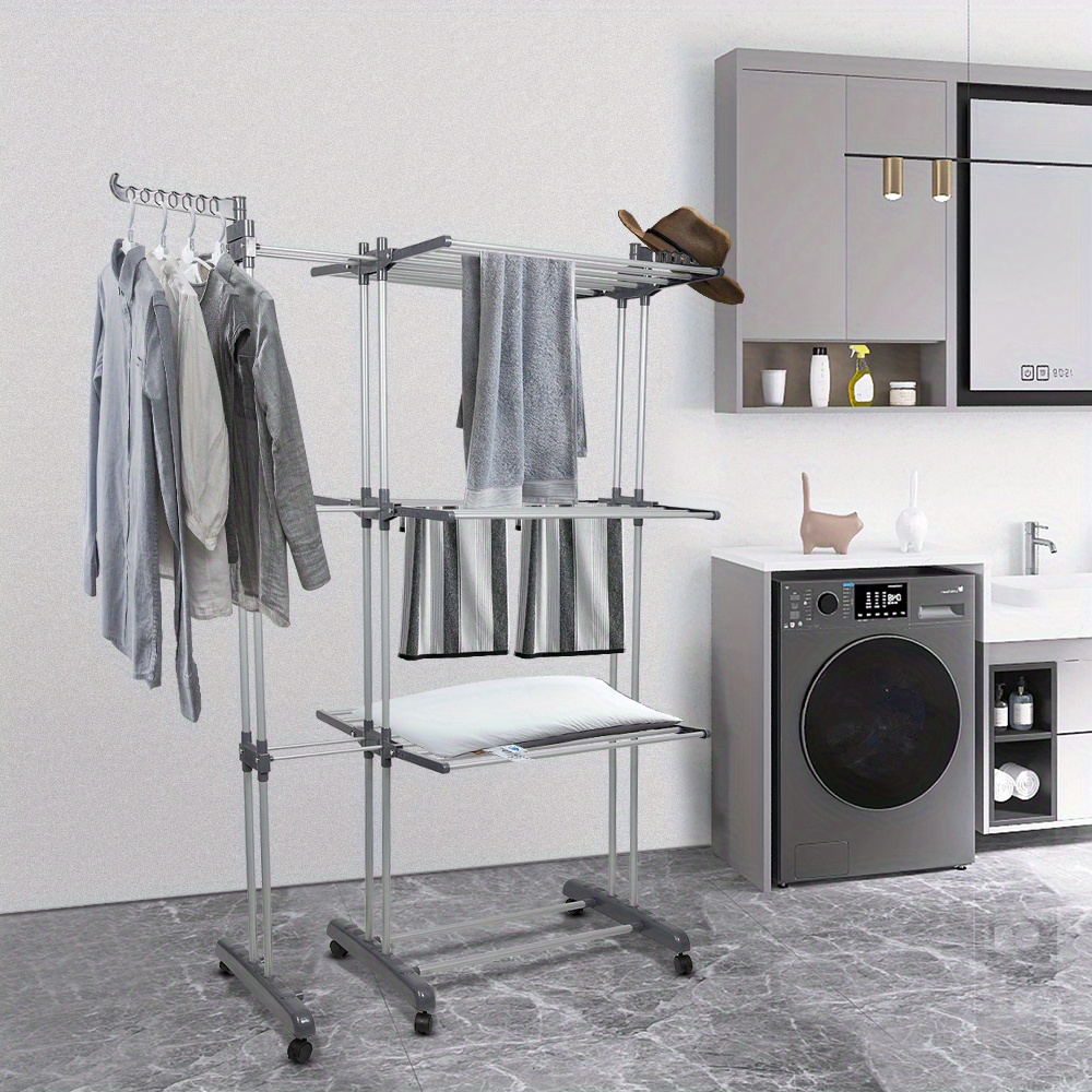 TEMU Wheeled Drying Rack, Foldable And Extendable Clothesline 75-142.5 X 170cm, Drying Racks