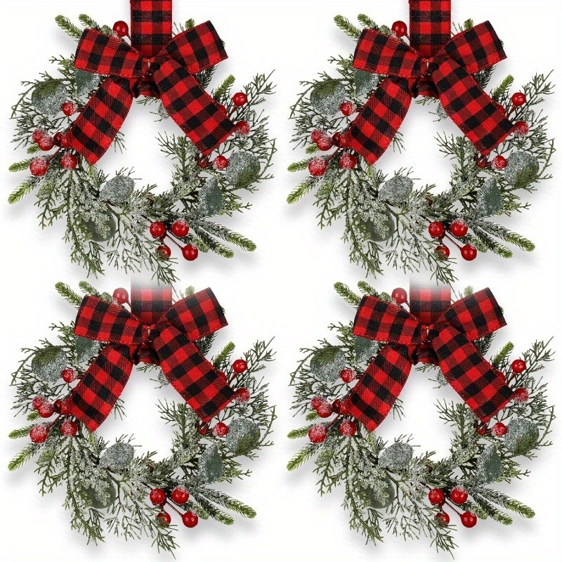 

4 Pcs 9" Mini Artificial Wreaths With Red Berries And Bow - Faux Wreaths For Front Door, Porch, Wall, Window Decor - Anniversary, Holiday Decor - No Electricity Required, Featherless