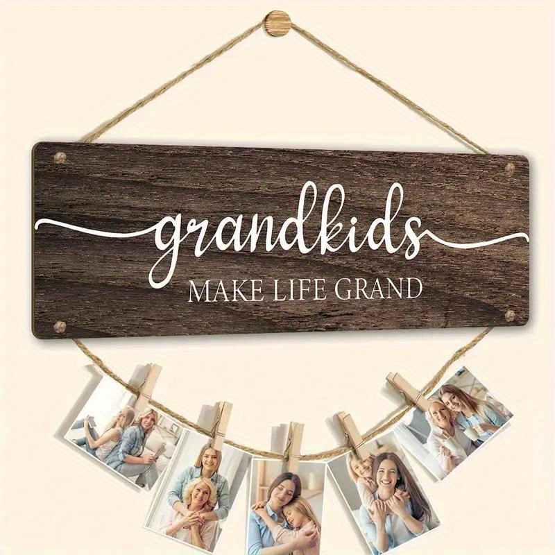 

Contemporary Wooden Floating Shelf With 8 Picture Clips - Wall Hanging Grandkids Photo Holder, 'grandkids Make Life Grand' Design For Decor, Christmas Gift For Grandparents