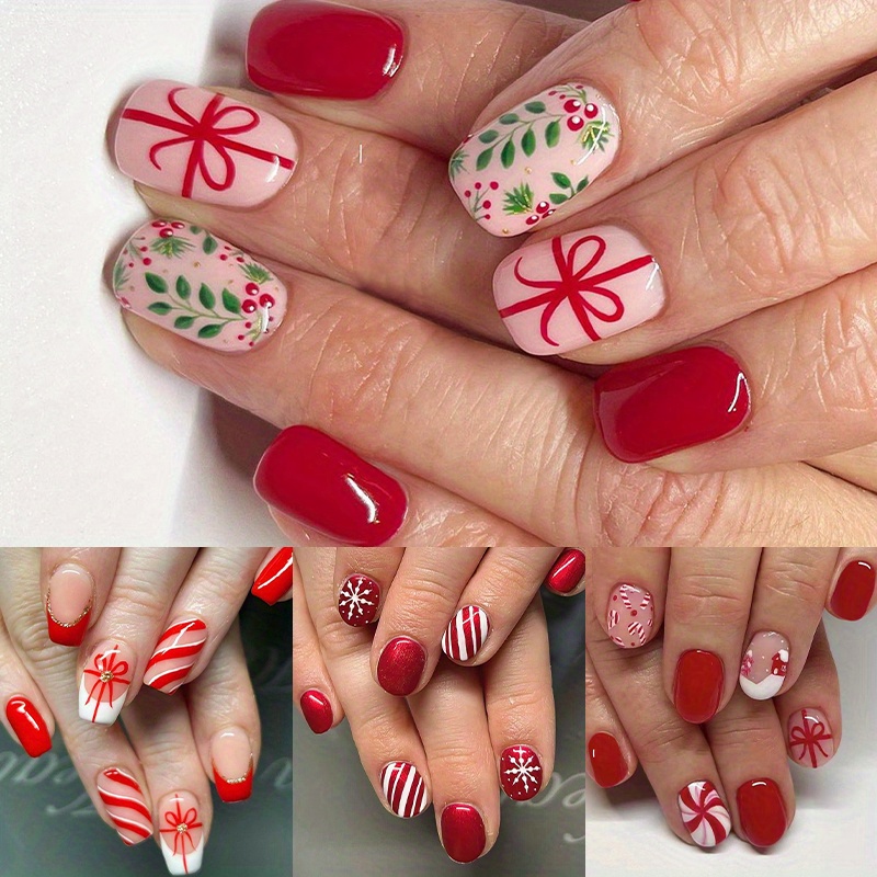 

96 Christmas Fake Nail Patches, Short Bright Short Nail Art, Christmas Striped Bow Nail Art And Christmas Cane Removable Wear Nail, A Holiday Must-have