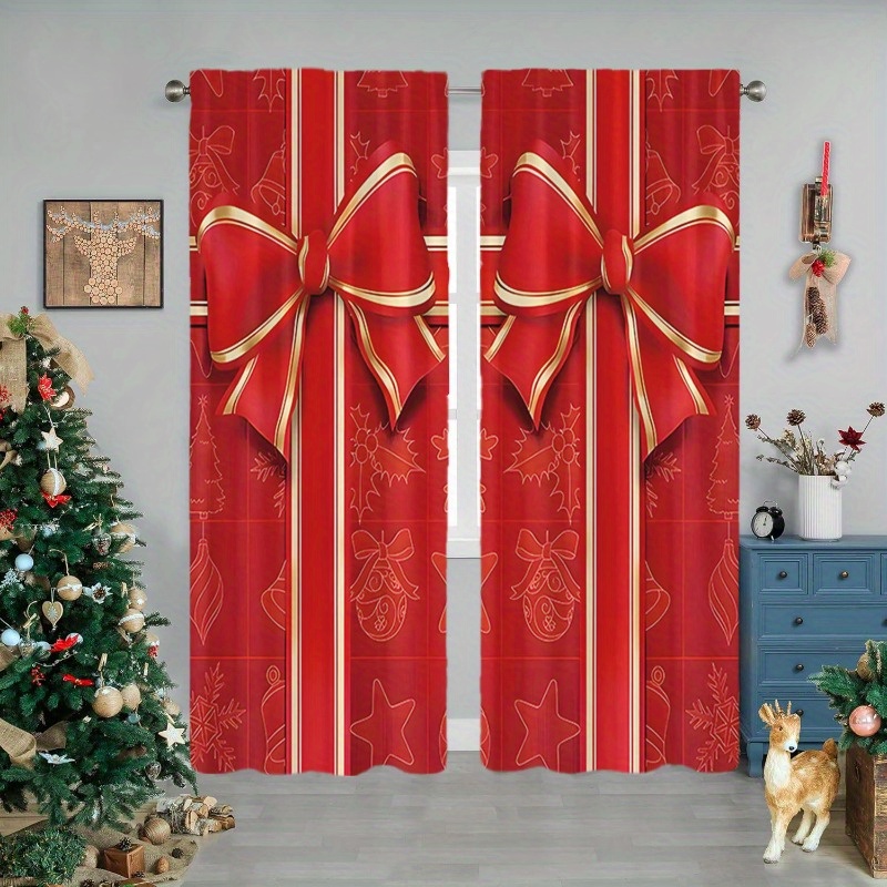 

2pcs Christmas Curtain Set - Red , & Rod Drapes For , , Decor Polyester And