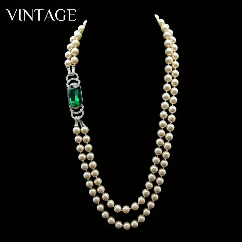 elegant vintage boho style   pearl strand necklace with glass emerald   accents for daily and gift occasions details 1