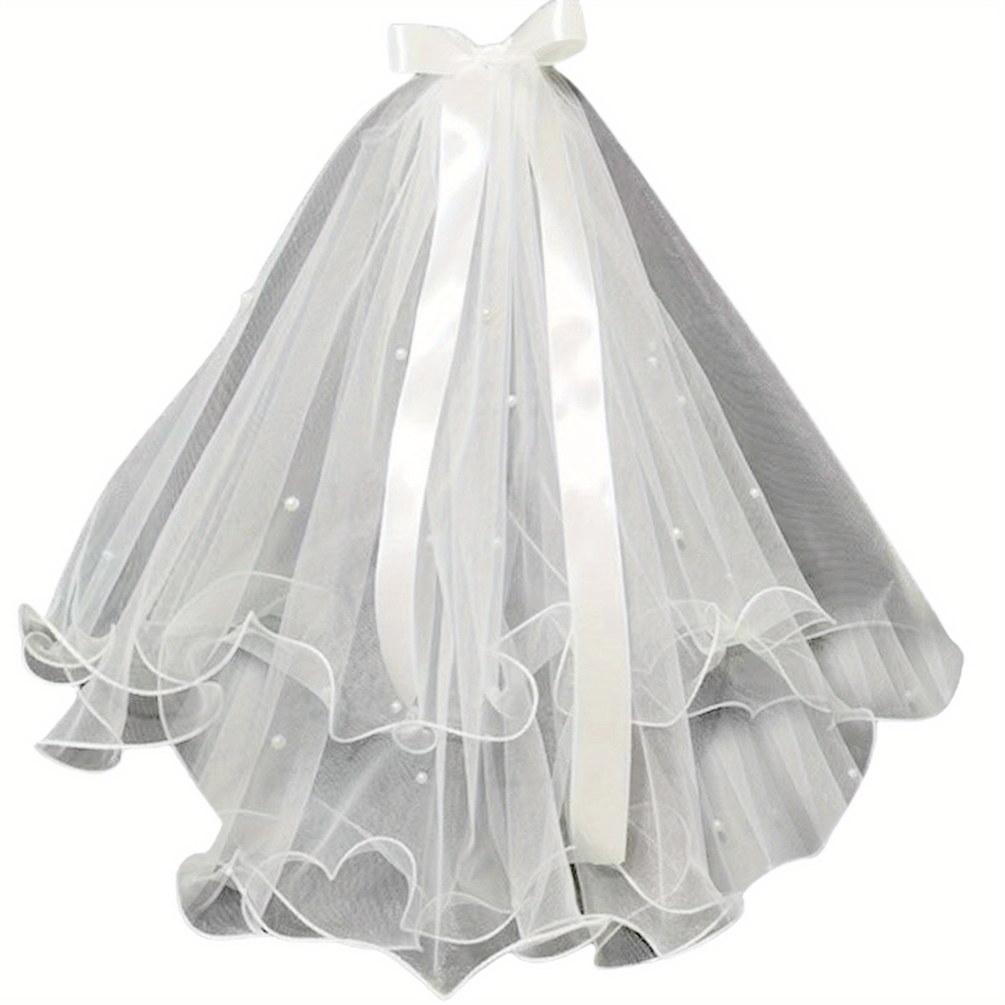 elegant four layer bridal veil ribbon bow pearl accents - Temu display picture 3