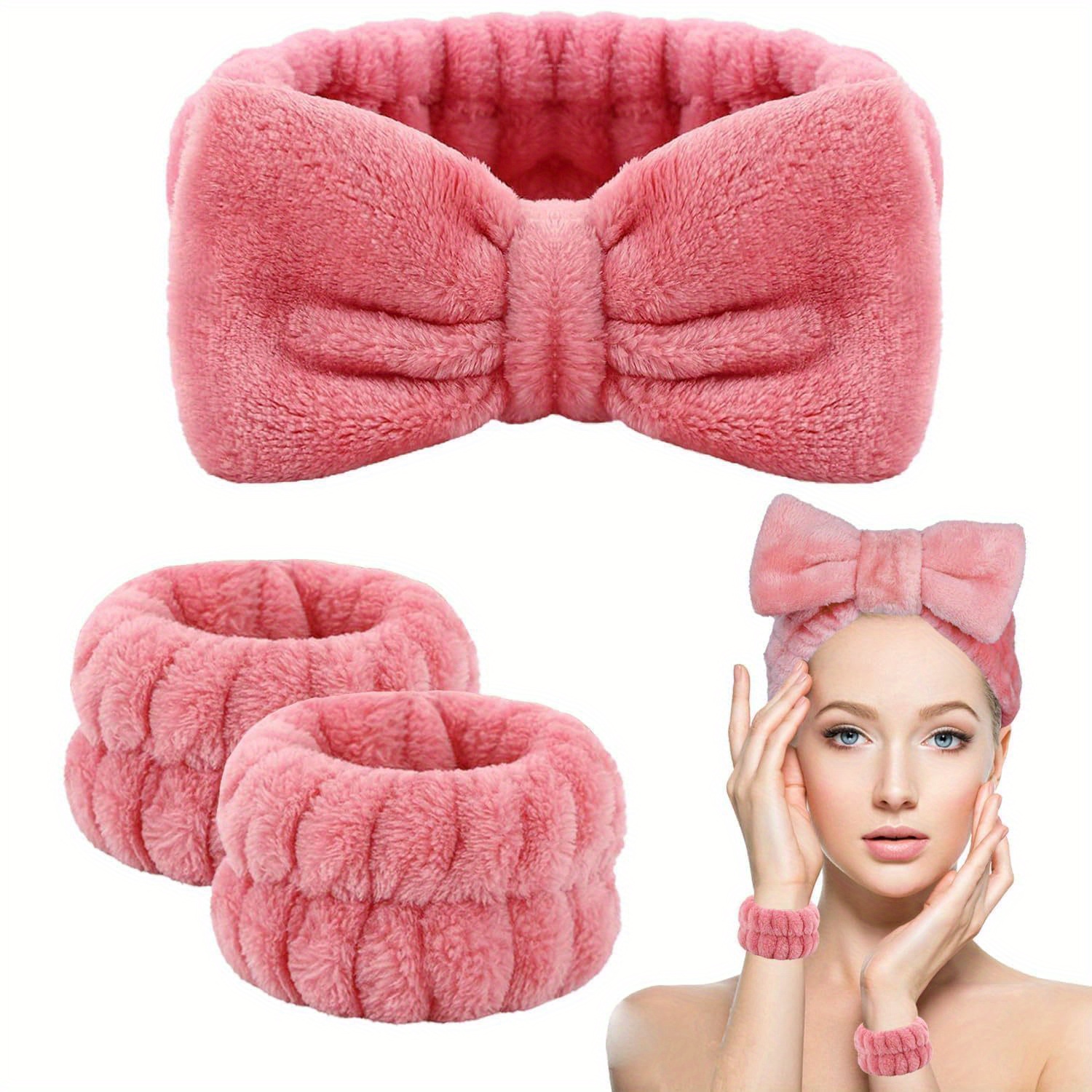 

3pcs Spa Headband And Wristband, Suitable For Washing Face, Fluffy Skincare Products, Plush Headband Cuffs For Women And Girls, Soft Flannel Shower Products With Bow Tie, (pink)