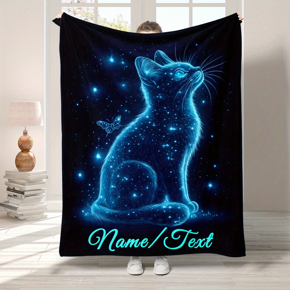 

Personalized Sparkling Cat Flannel Throw Blanket - Soft, Lightweight & Warm For Sofa, Bed, - Custom Name Option - Perfect Gift For Christmas, Easter, Halloween