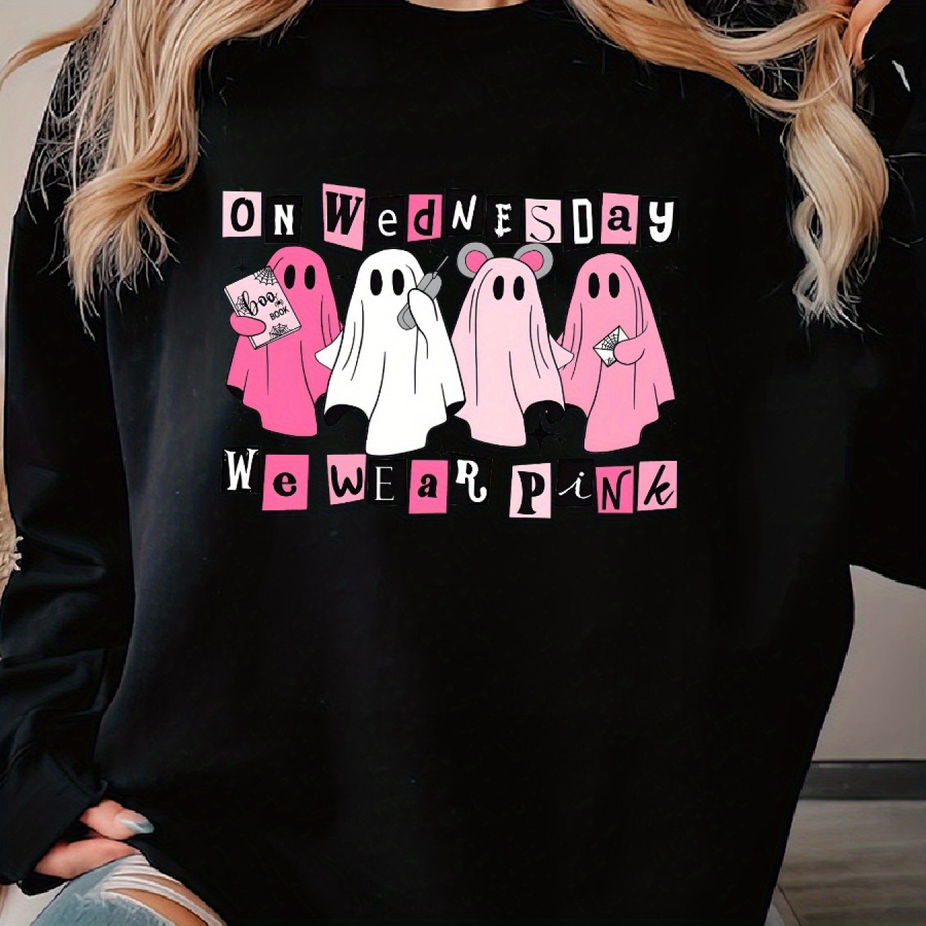 

On Wednesday Halloween Cute Pink Halloween Woman's Cozy Pullover Sweater, Casual Long Sleeve Crew Neck Sweater For Sports