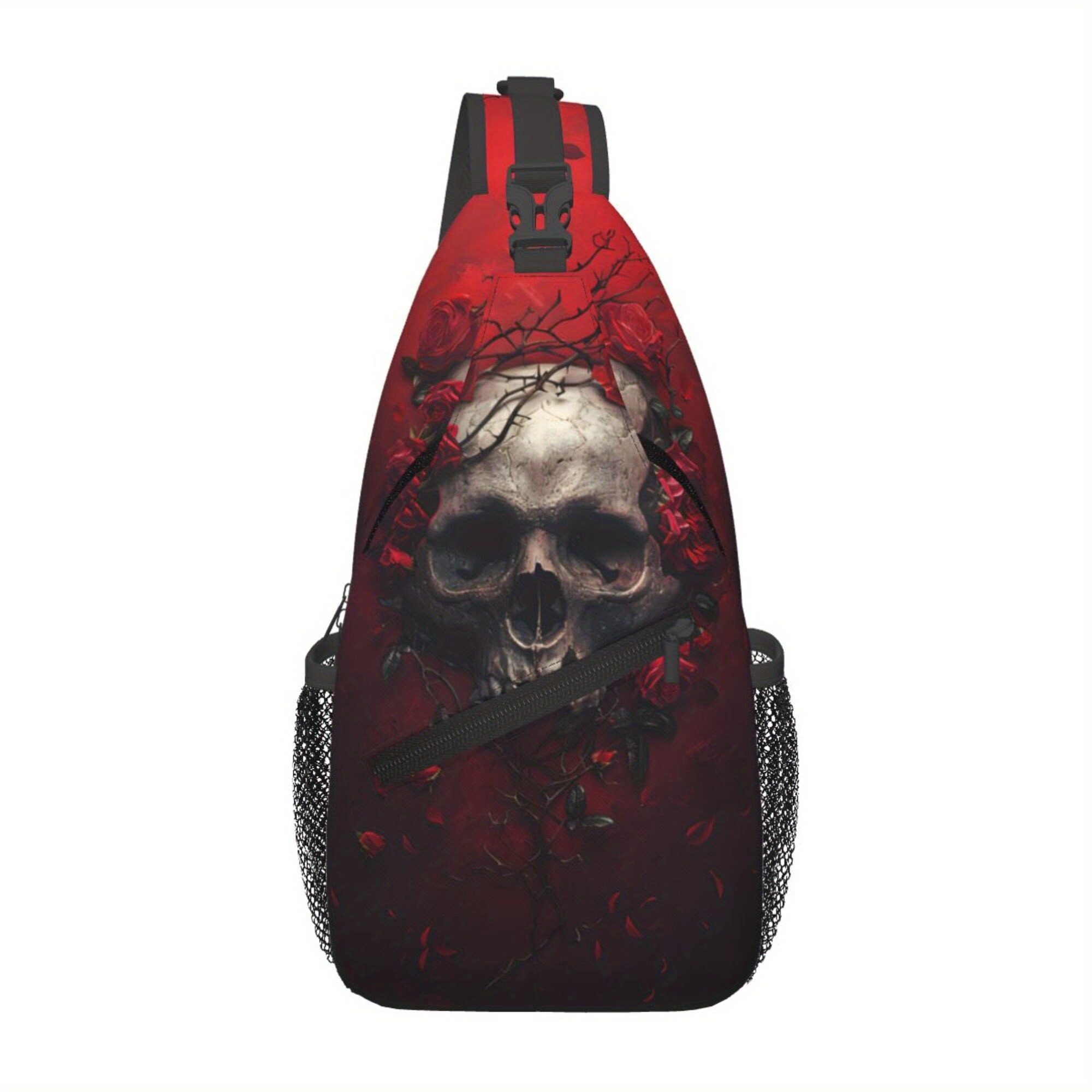 

Skull And Roses Printed Men's Sling Chest Bag - Durable Polyester Crossbody Bag With Zipper Closure & Secure Pockets For Outdoor, Casual &