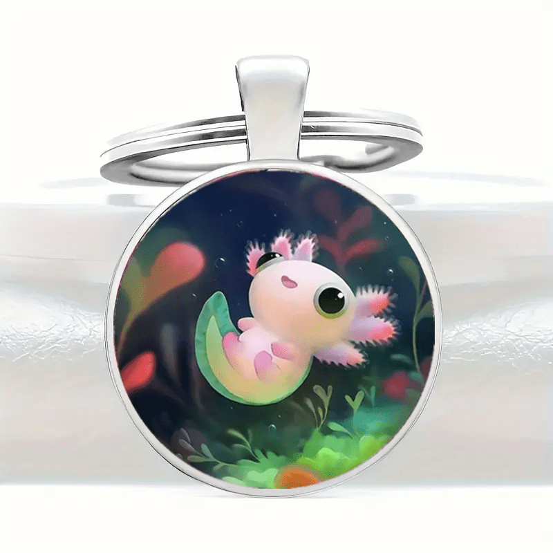 

Cute Pink Axolotl Glass Keychain - Zinc Alloy, Non-braided, Metal, Vibrant Key Ring