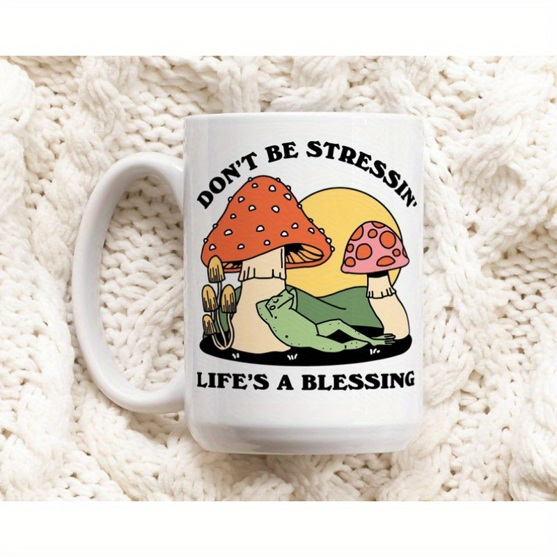 TEMU Don Not Be Streesing, Colorful Mushroom Frog Coffee Mug, Positive Quote, Retro Ceramic Cup, Hippie Quote Gift Idea, Cottagecore Mug, Cute Novelty Gift