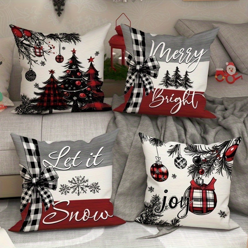 

4pcs Christmas Decor Set: Double-sided Striped Pillow Covers With Snowflakes, Trees & Bows - Sofa, Bedroom, And Decor