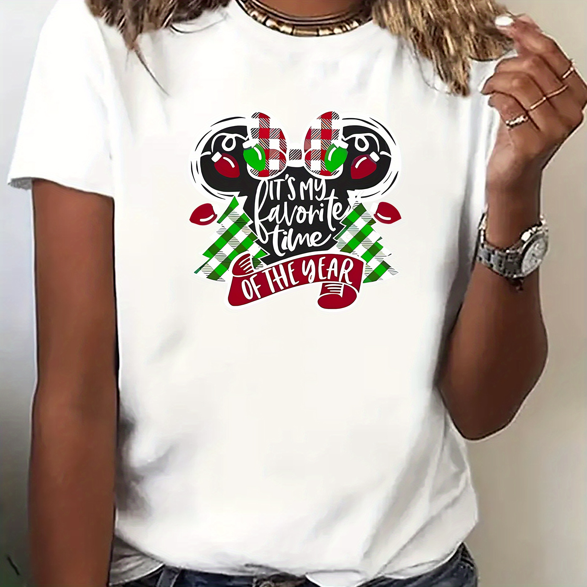 

Women's Christmas Cartoon Printed T-shirt, Casual Crew Neck Short-sleeve Tee With Medium Stretch, Polyester And Spandex Blend, Seasonal Graphic Shirt For