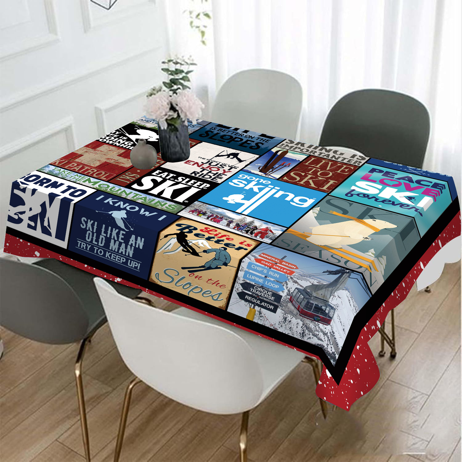 

Vintage Ski-themed Polyester Tablecloth - Non-woven Fabric, Machine-made Durable Table Cover With Alpine Designs For Home And Dining Room Decor, Stain-resistant And Dustproof Rectangle Table Linen