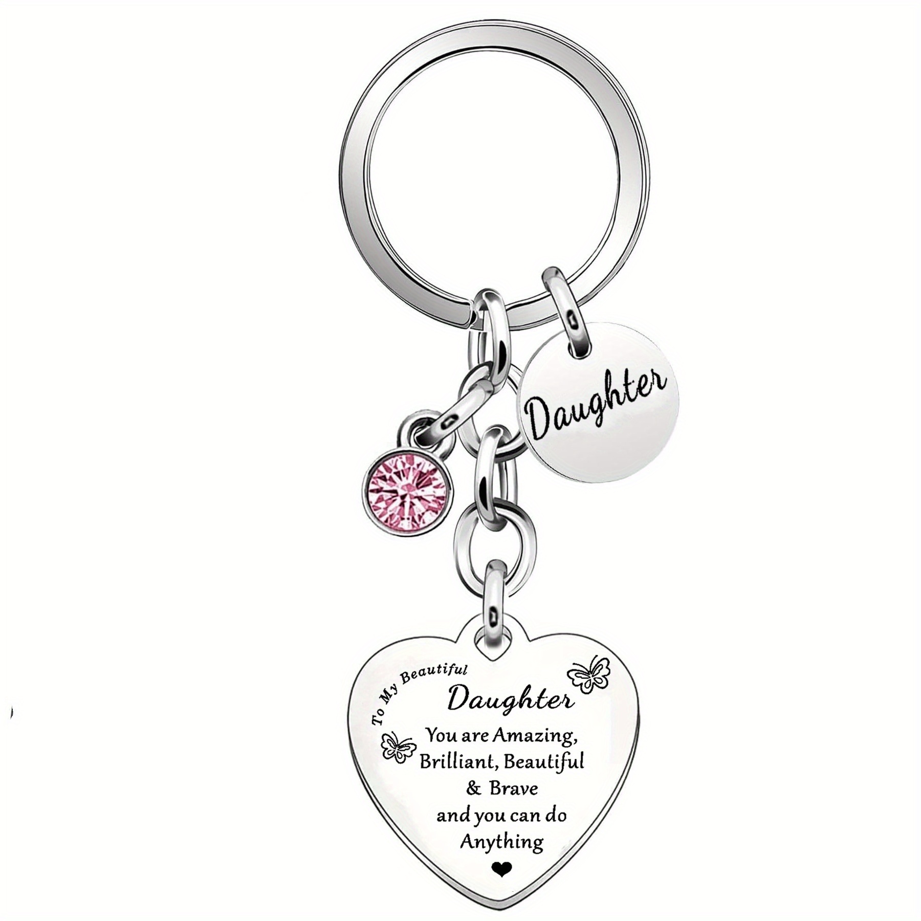 

1pc Inspirational Daughter Keychain - Stainless Steel & Charms, Pink Crystal & "" Message - Perfect Birthday Or Christmas Gift For Women And Girls, Daughter Gifts