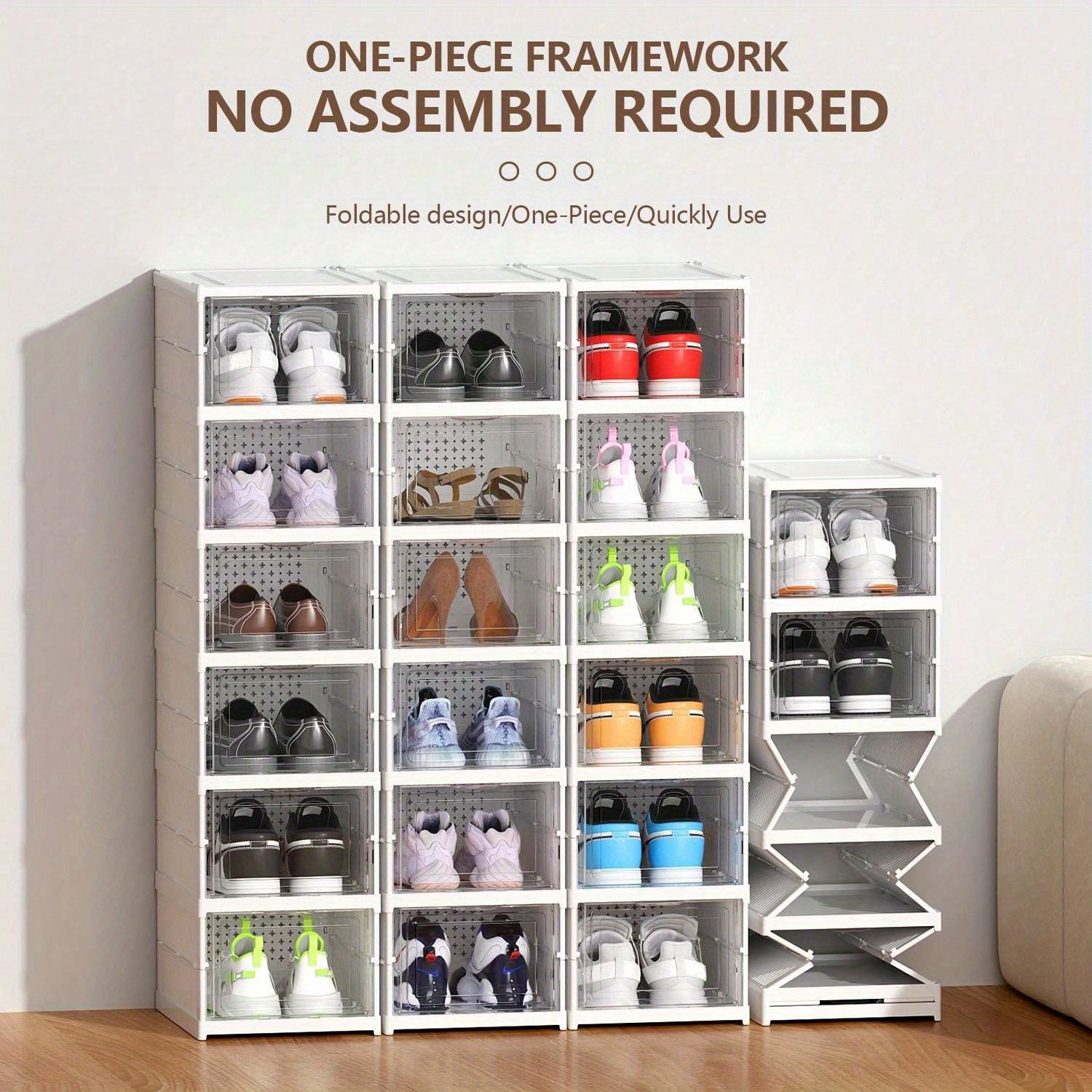 

Foldable Shoe Rack Organizer With Clear Doors, Stackable Sneaker Storage Cabinet, Large Plastic Containers With For Closet And Entryway - White, Shoe Storage Organizer