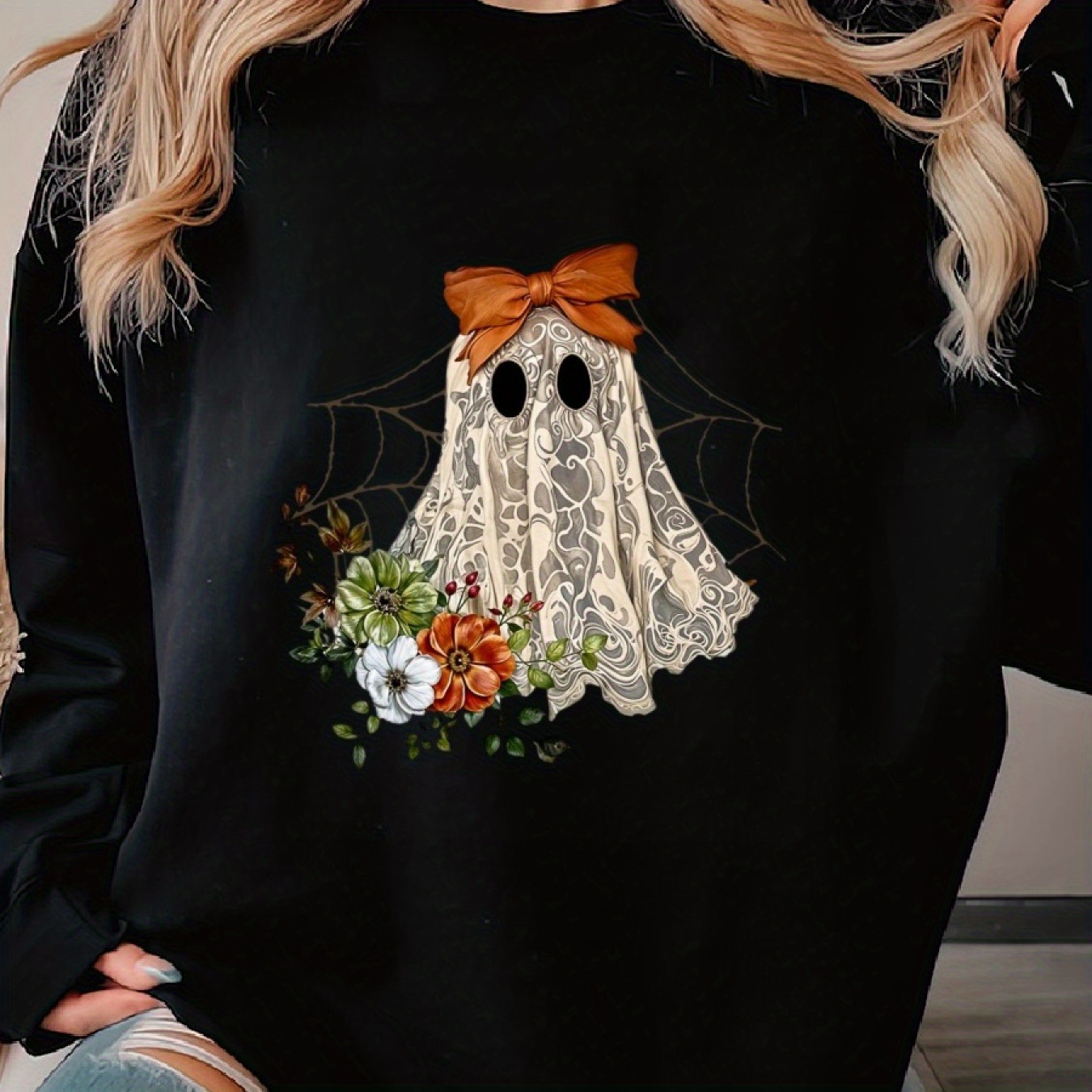 

Halloween Lace Spooky Coquette Woman's Cozy Pullover Sweater, Casual Long Sleeve Crew Neck Sweater For Sports