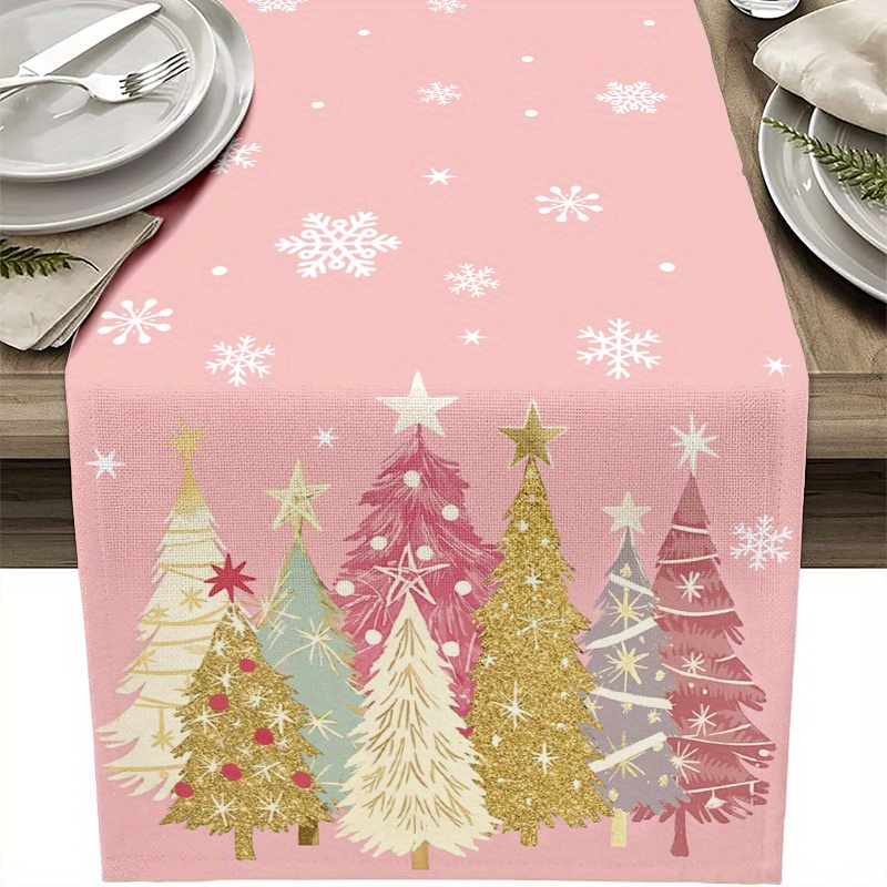 

Pink Christmas Table Runner With Snowflakes & Trees - Holiday Dining, Farmhouse Decor, Indoor/outdoor Parties - Polyester, 13x72 Inch