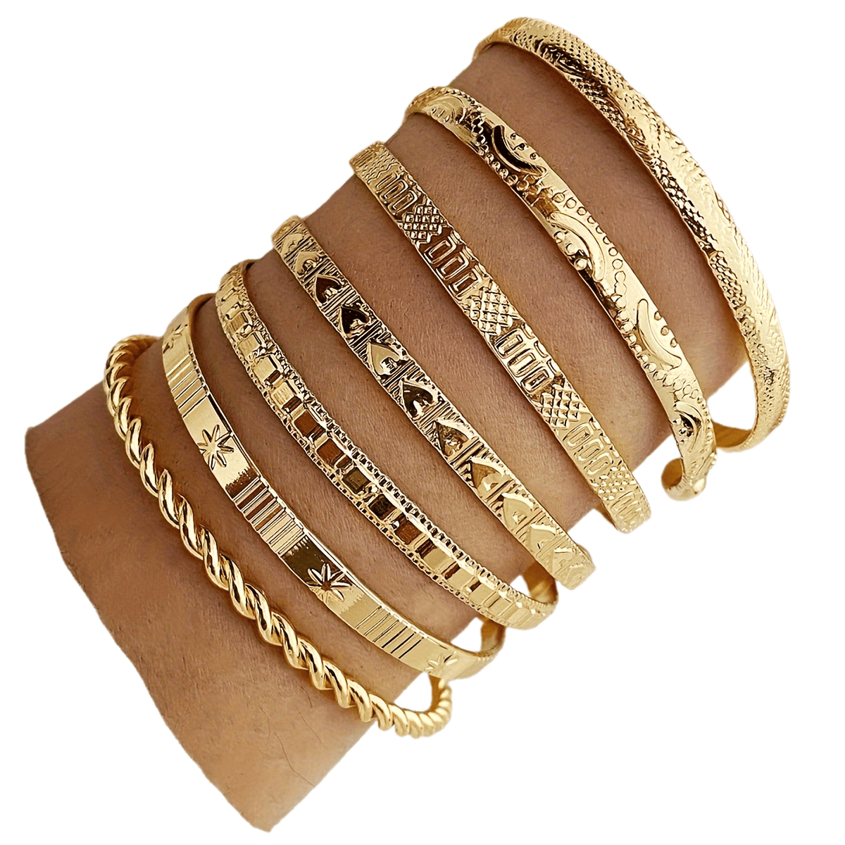 

7-piece Set Of Vintage-inspired Stacking Bracelets - Adjustable, Engraved, Textured, And Unisex - Perfect Gift For Mardi Gras Day, Parties, And