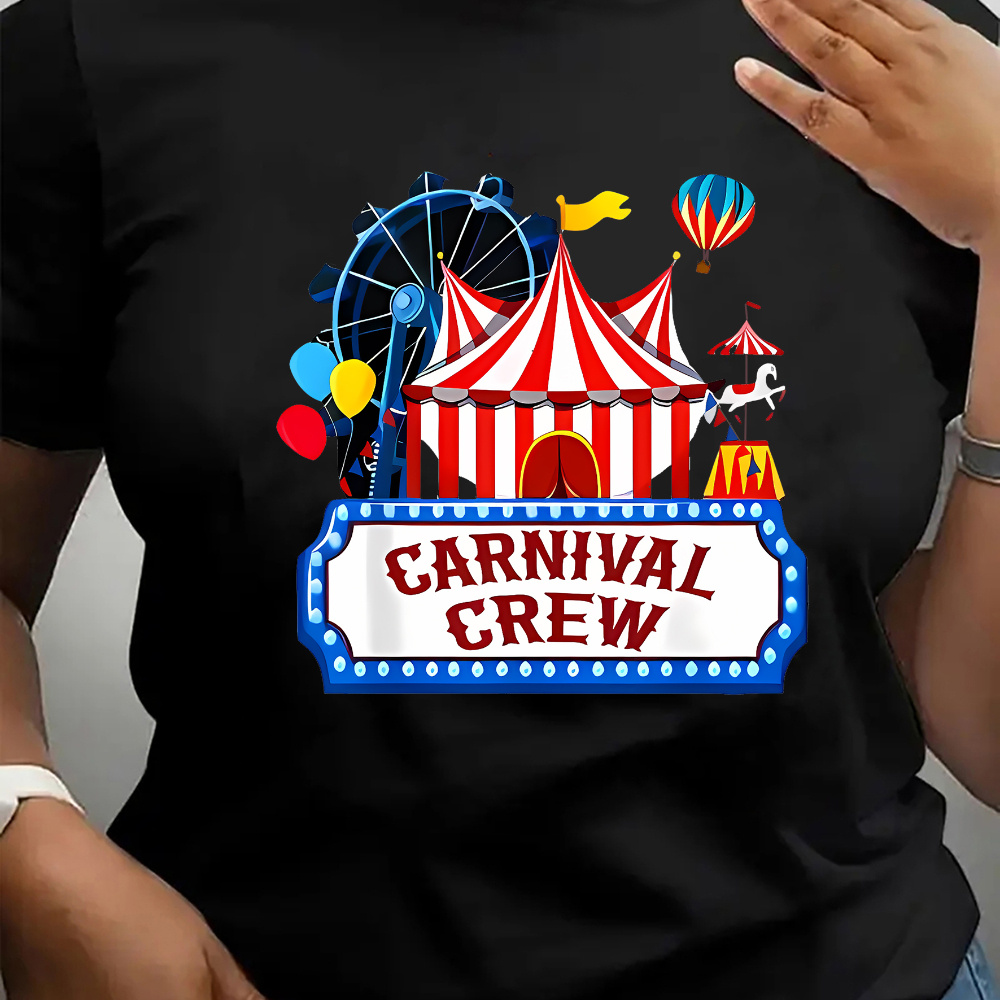 

Women's Circus-inspired Graphic Tee - Casual Crew Neck Short Sleeve T-shirt, Breathable Polyester , Machine Washable - Summer