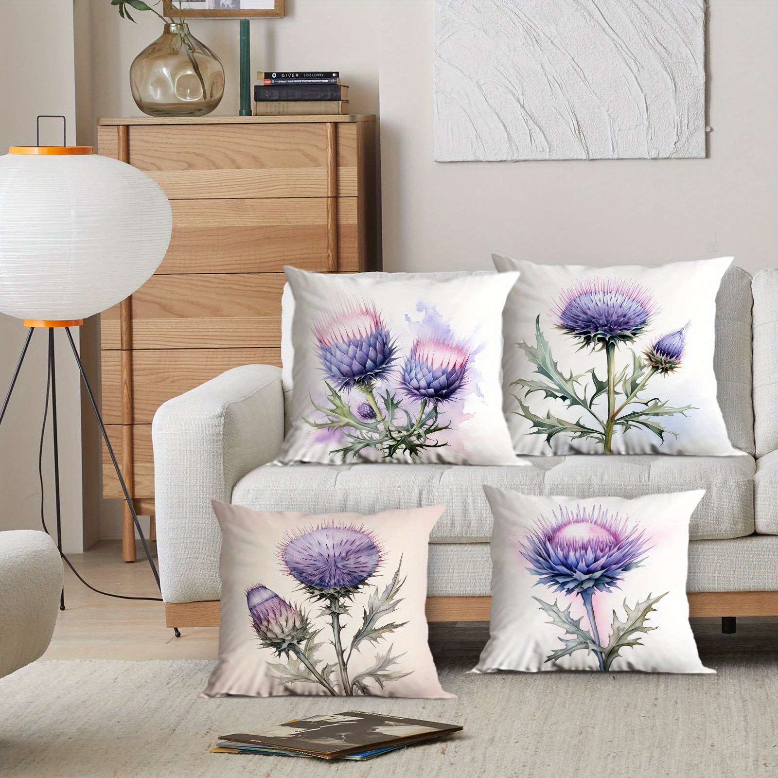 

Set Of 4 Bohemian Style Thistle Pattern Throw Cushion Covers, 100% Polyester Woven Fabric With Zipper Closure, Machine Washable For Office, Bedroom, Balcony, Car, Sofa, Patio