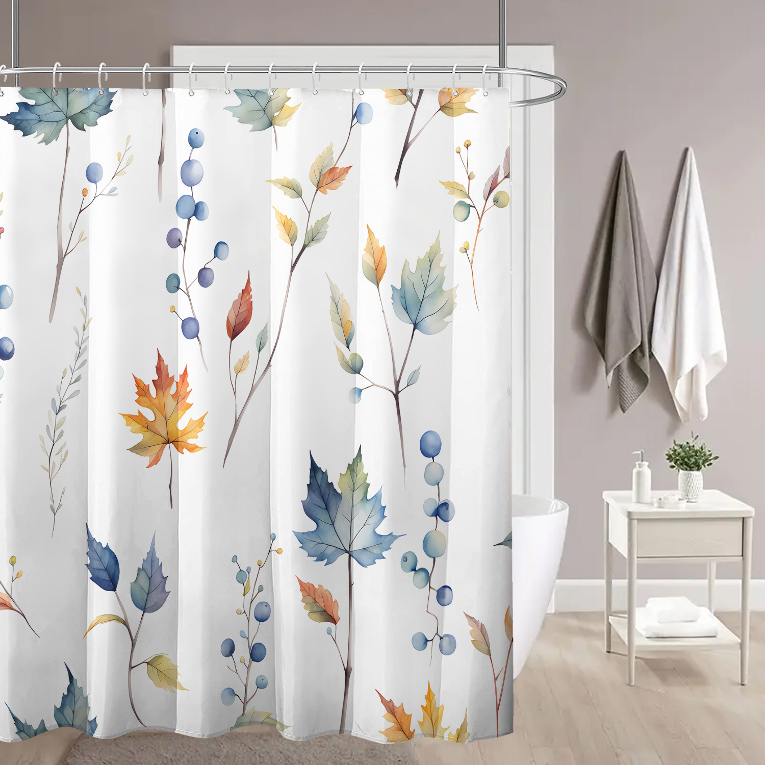 

Arts & Crafts Fall Leaves And Berries Water-resistant Bath With Hooks, Woven Polyester Home Bathroom Decor, Unlined Floral Print, Machine Washable, 71x71 Inch