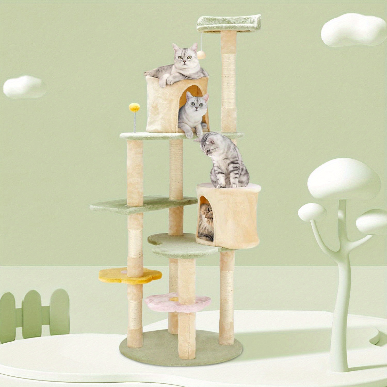 

65 Inches Tree Tower, Heavy Duty Anti-scratch Cats Furniture, Multi-level Cat Condo Activity Center Kitten Play House