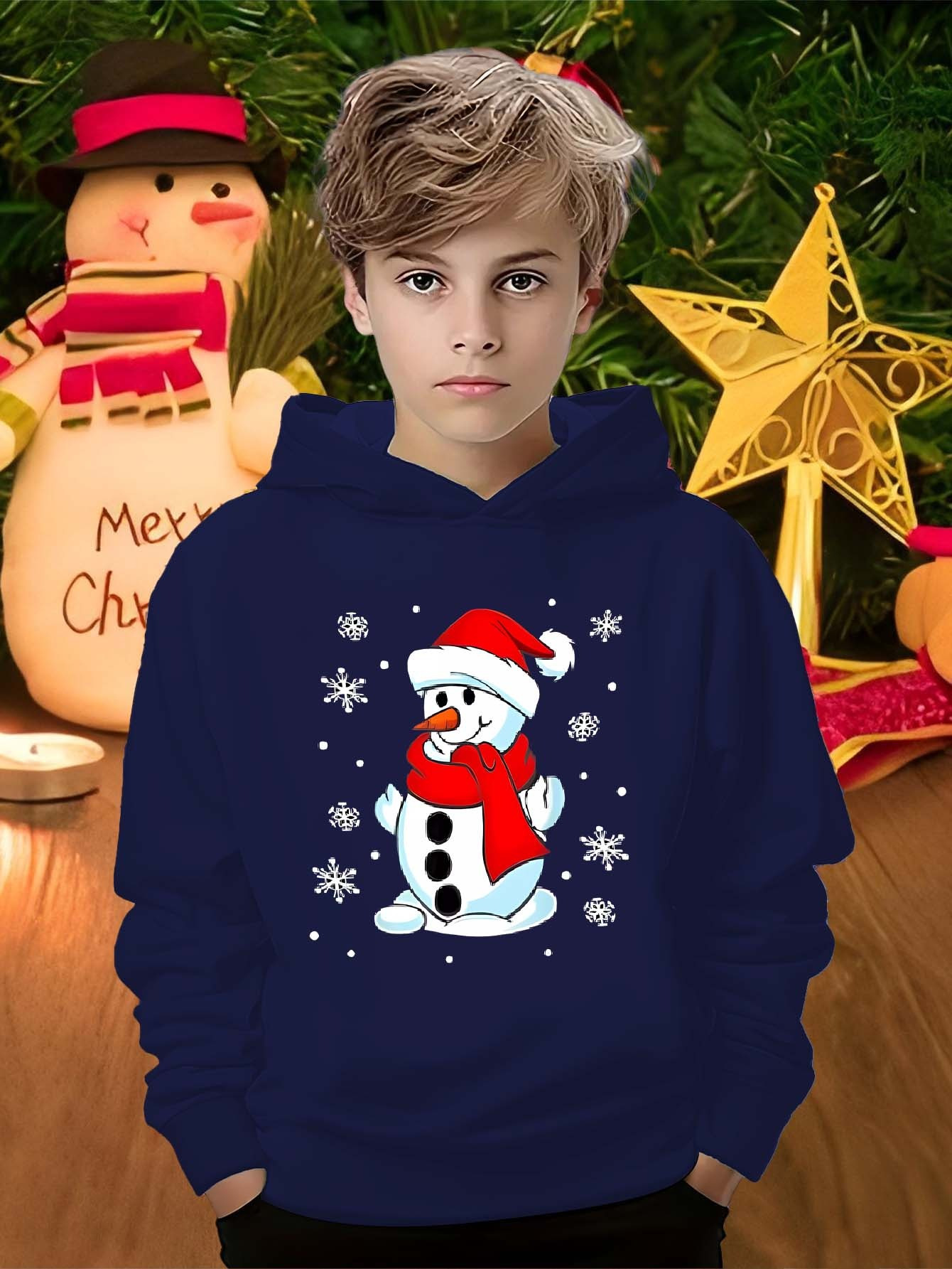 boys' casual hoodie sweatshirt snowman print polyester knit Temu