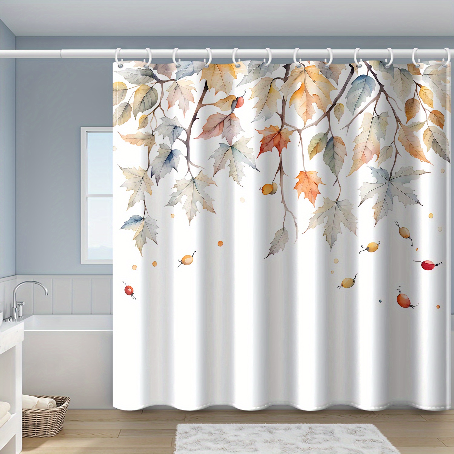 

: 71x71 Inch Gradient Leaf And Berry Shower Curtain With Hooks - Waterproof Polyester, Suitable For All