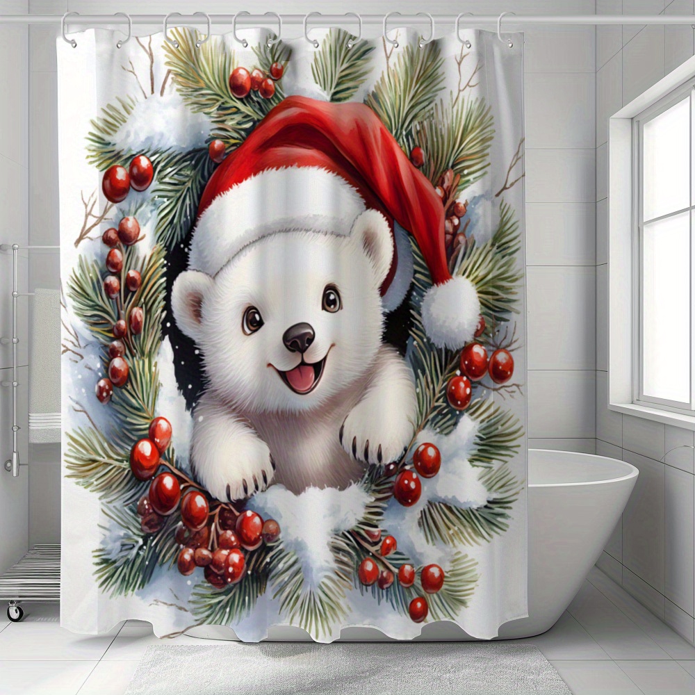 

Merry Christmas Shower Curtain - Waterproof, Cartoon & Garland Design With 12 Hooks, Machine Washable Polyester Bathroom Decor