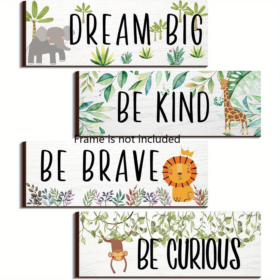 TEMU A Set Of 4 Wooden Signs With Hunting Animal-themed Inspirational Wall Art Prints - 10-inch Jungle-themed Posters Featuring ", Be Kind, , " For