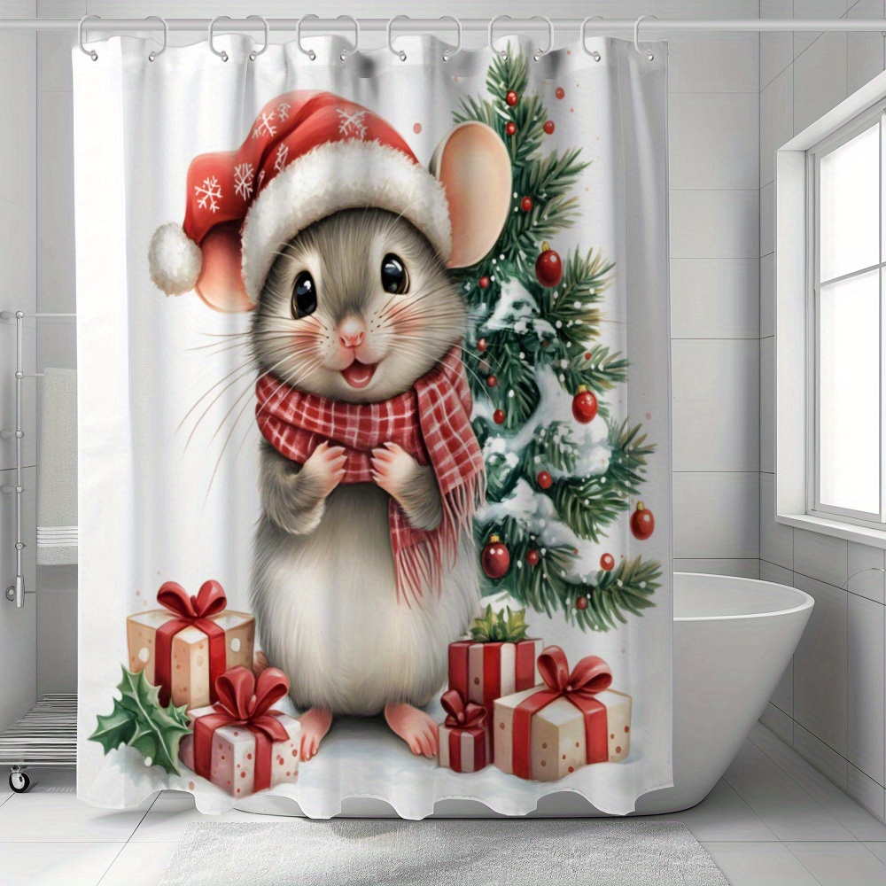 

Merry Christmas Waterproof Bathroom With Cute Mouse & - Woven Polyester, Satin Weave, Water-resistant With Hooks Included, Decor - 1pc