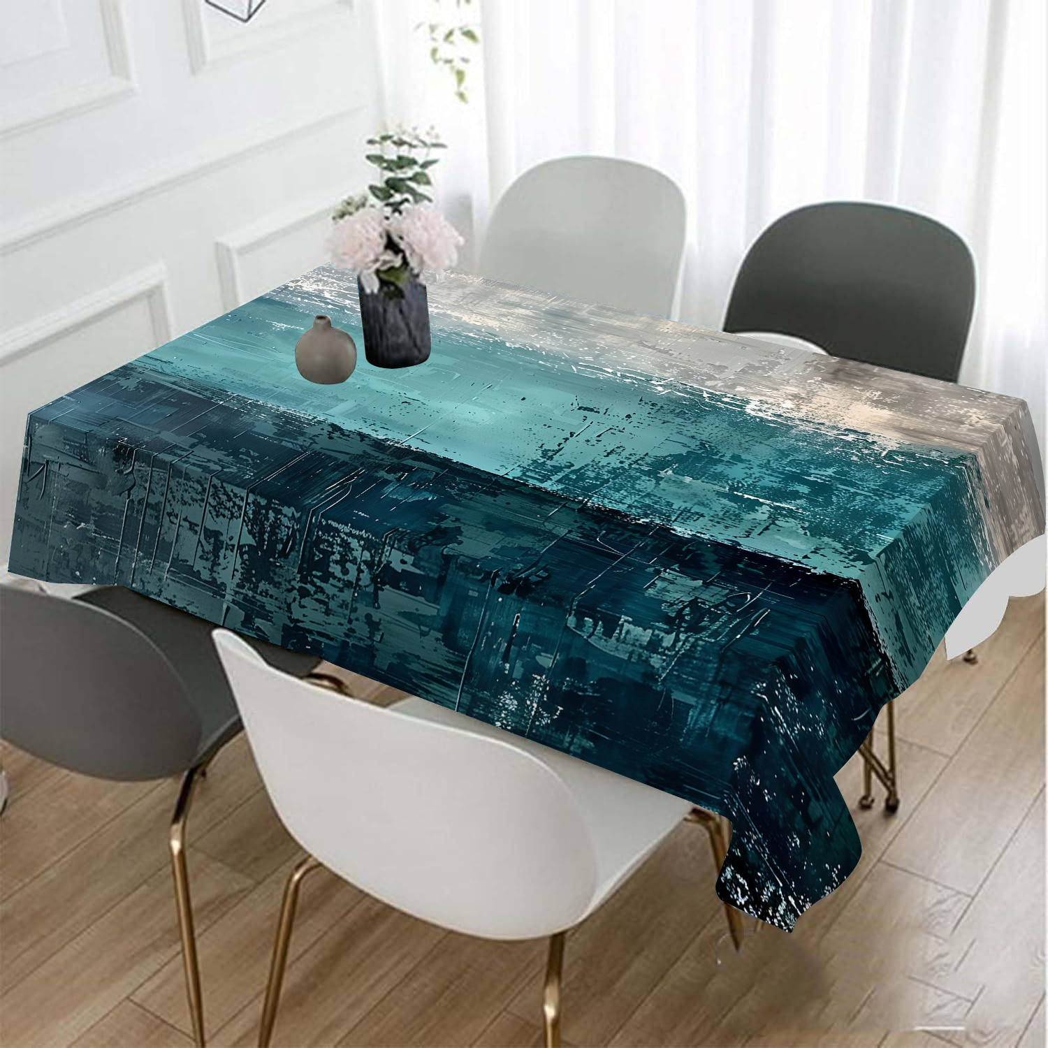 

Nappe abstraite bleu océan et blanc - Nappe carrée en polyester non tissé fabriquée à pour table à manger et table basse - Protection de table décorative anti-poussière