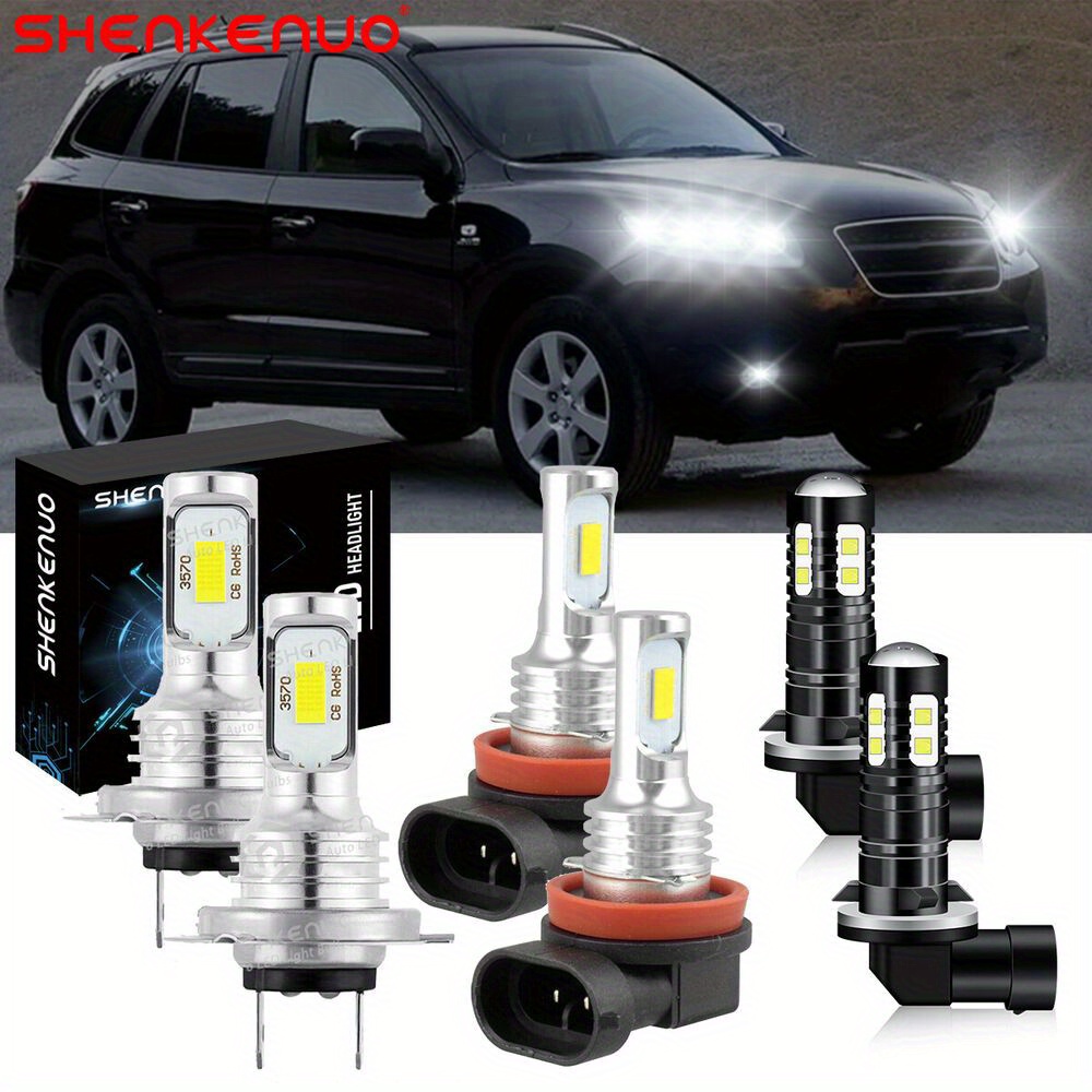 6pcs For Santa Fe 2007-2012 6000k White Led Headlight Bulbs High Low Beam + Fog Light Bulbs Combo, 500% Brightness White Plug And Play