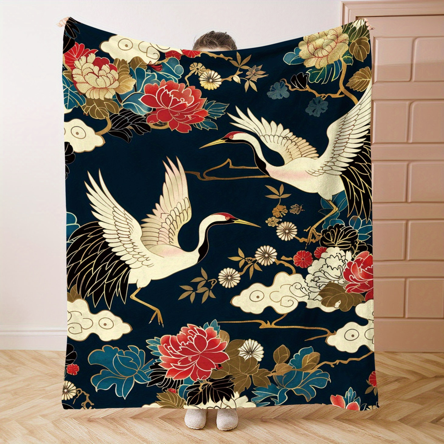 

Japanese-inspired And Floral Pattern Flannel Blanket - Soft, Comfortable, Throw For Bed, Sofa, Office - Lightweight, Warm, Polyester Bedding For Home, Gift, Camping, Travel