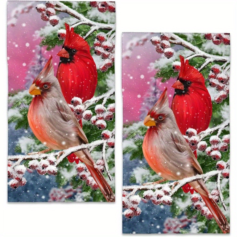 

2pcs Set Winter Bird Hand Towels - , Absorbent Polyester Kitchen & Bathroom Towels, Christmas Decor, 18x26 Inches