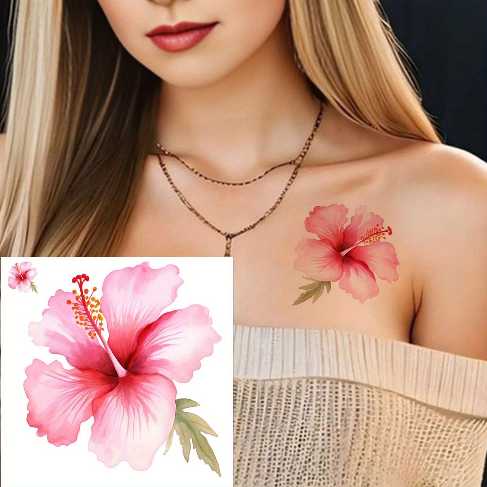 TEMU 6 Sheets Watercolor Hibiscus Flower Temporary Tattoos - Realistic Pink Fake Tattoos For Women, Adults, Party Favors, Easy Application & Removal, Perfect For Events & Casual Attire