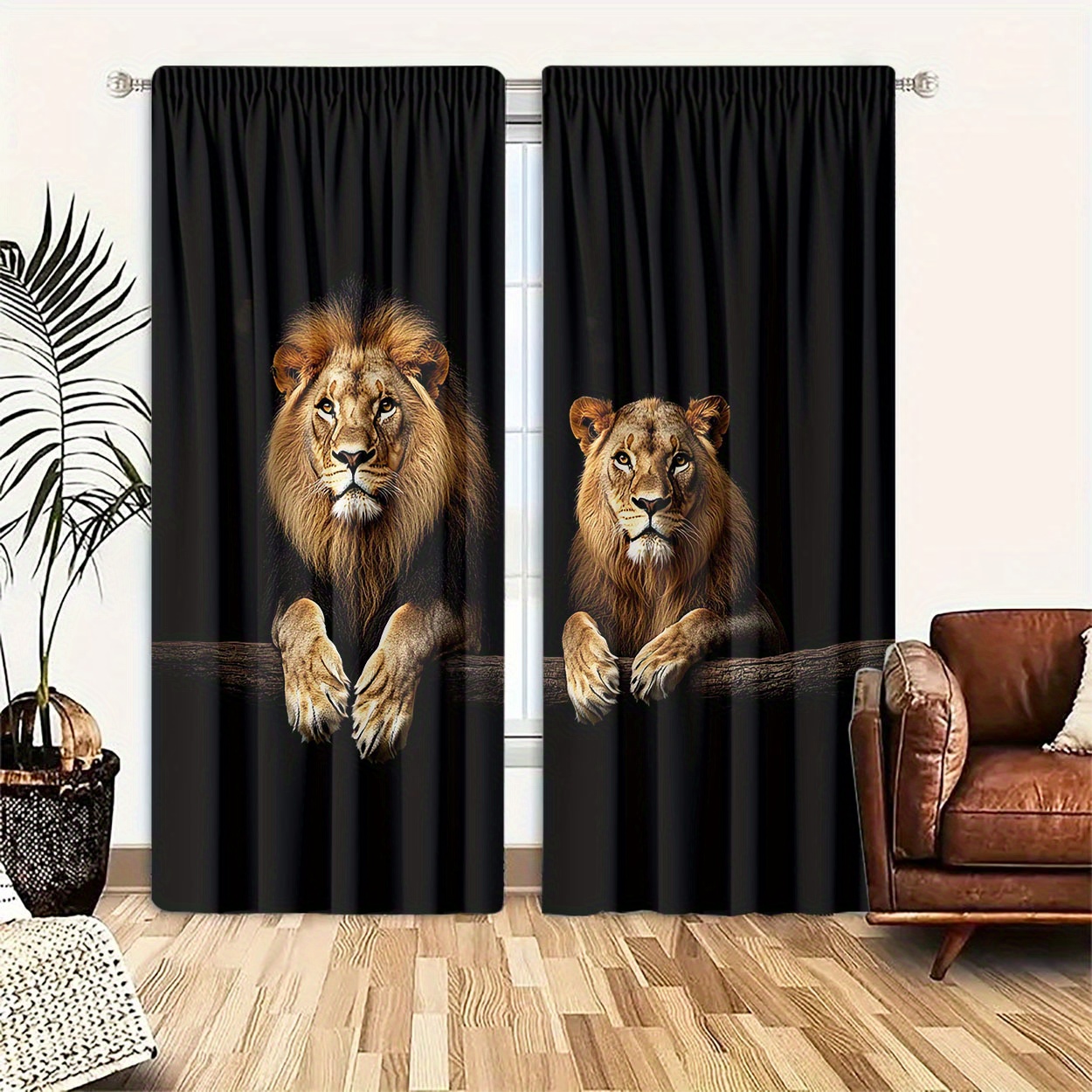 

2pcs, Polyester Material, Hd Lion Pattern, Light Filtering Curtain, Suitable For Bedroom, Living Room, Office And Home Decoration, Pole , Suitable For Pole