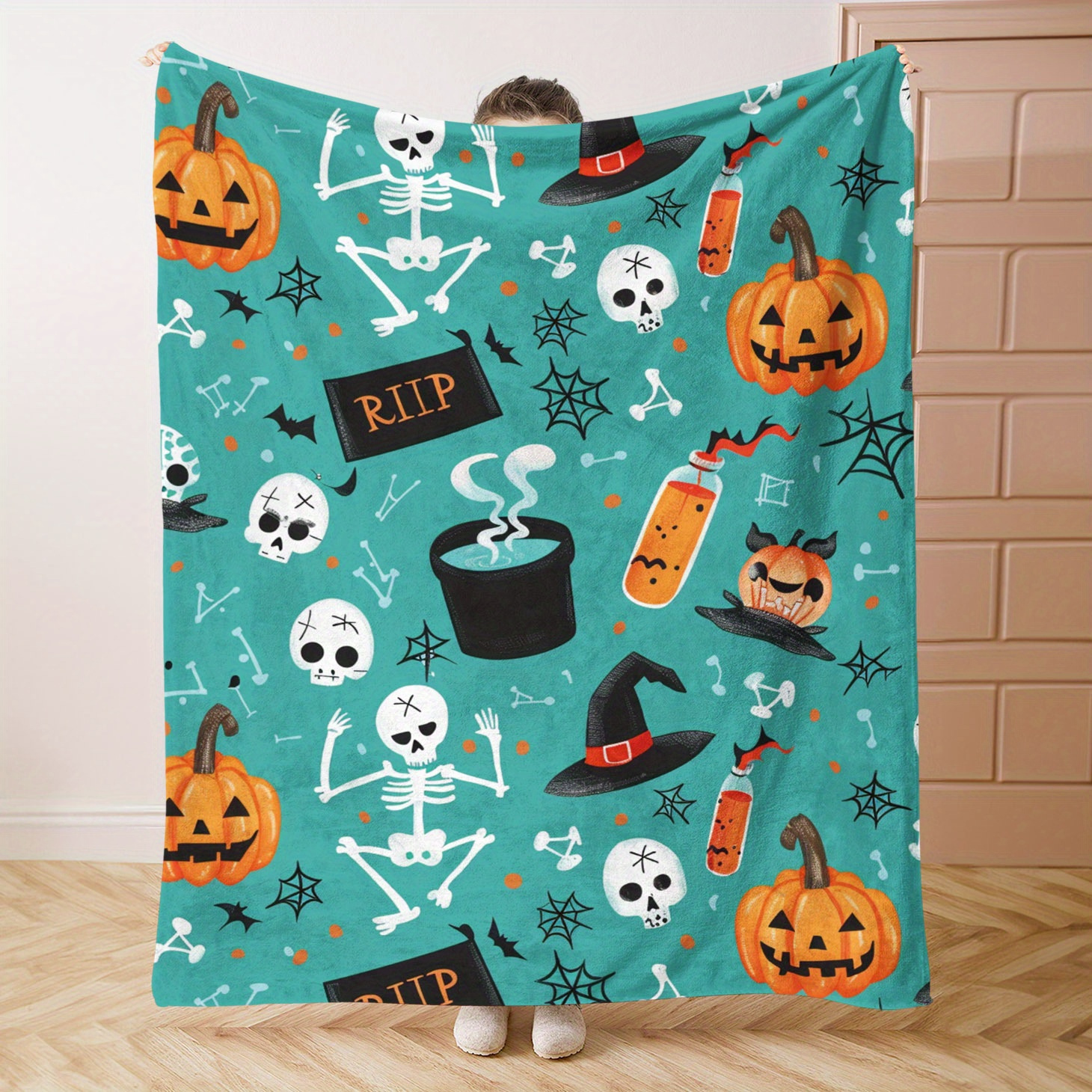 

Skeletons And Pumpkins Flannel Throw Blanket - Soft, Lightweight, Warm Polyester Bedding For Sofa, Bed, Office, Camping, Travel - 1pc