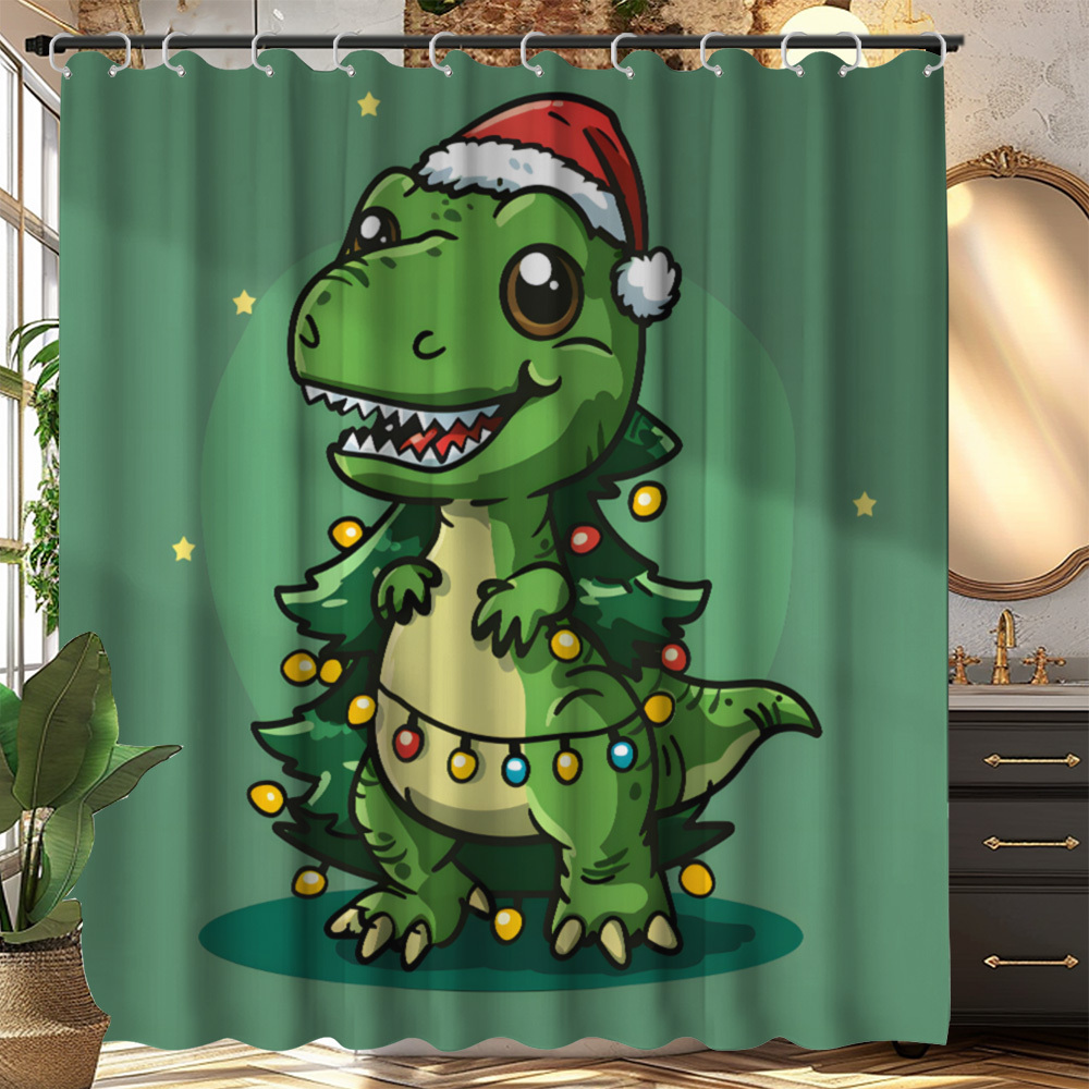 

Christmas Themed Waterproof Bath With Cartoon Dinosaur Print, Woven Polyester Fabric, Clean, Includes 12 Hooks, Fashionable Bathroom Accessory With Water-resistant Feature, 70.9*70.9inch - Set Of 1