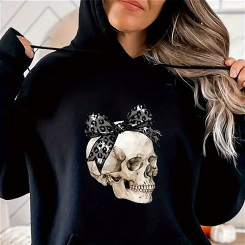 

Skull Print Kangaroo Pocket Hoodie, Casual Long Sleeve Hoodies Sweatshirt, Women's Clothing