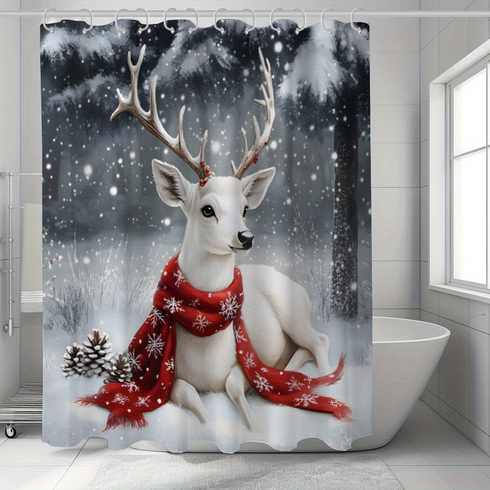 

Merry Christmas Deer-themed Waterproof Shower Curtain - Machine Washable, With 12 Hooks Included - Festive Bathroom Decor & Holiday Gifts