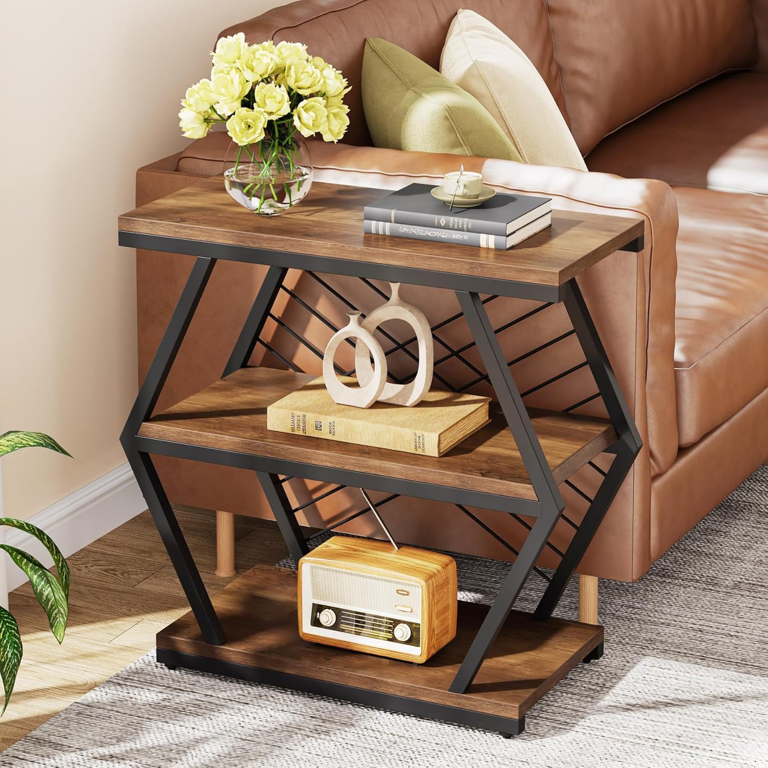 

End Table, Industrial Side Table With 3 Storage Shelves, Wood Sofa Side Table With Geometric Metal Frame, Bedside Table For Living Room, Bedroom (1pc, )