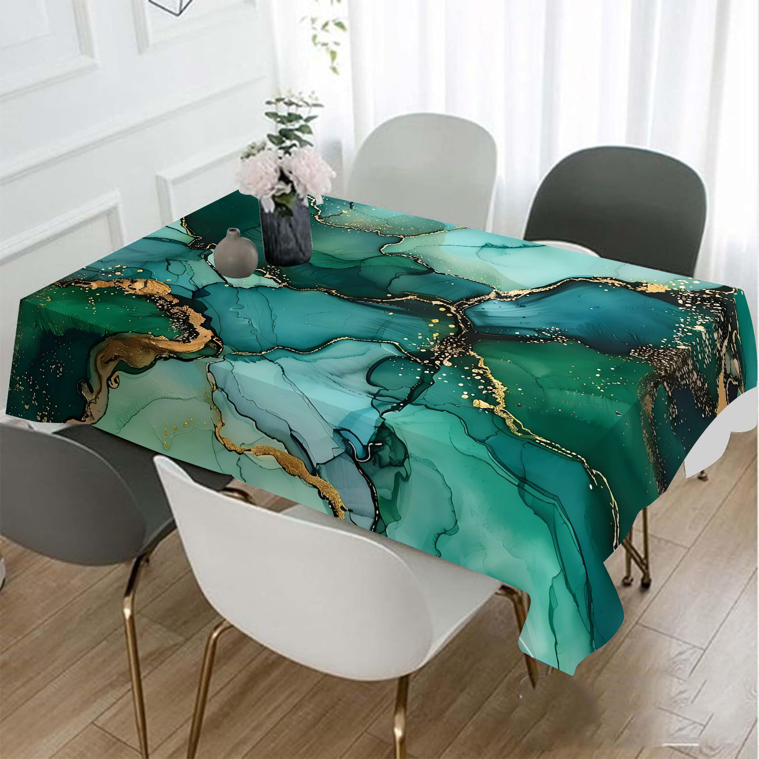 

Elegant Green & Golden Floral Tablecloth - Non-woven Polyester, Rectangular Dustproof Cover For Living Room Coffee Table And Kitchen Decor