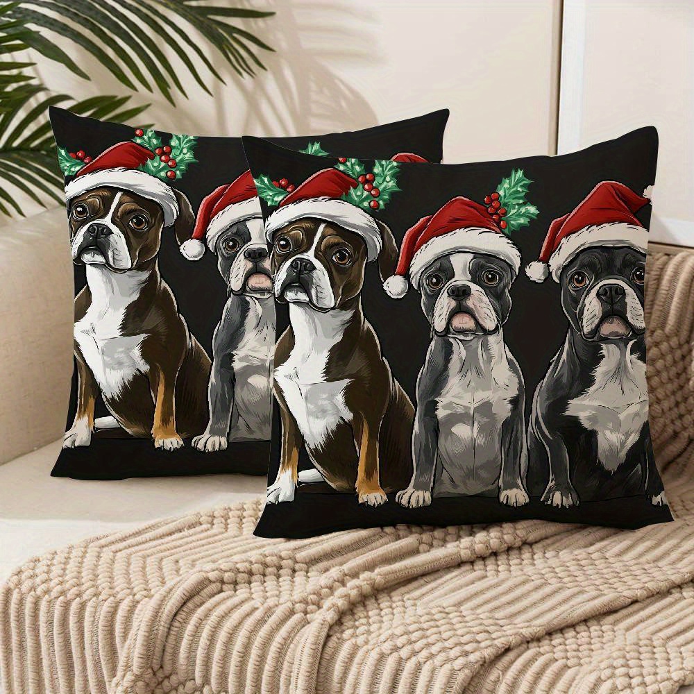 

Festive Boston Terrier Christmas Throw Pillow - Santa, Elf & Reindeer Design | Polyester With Zipper Closure | Machine Washable | Living Room Decor