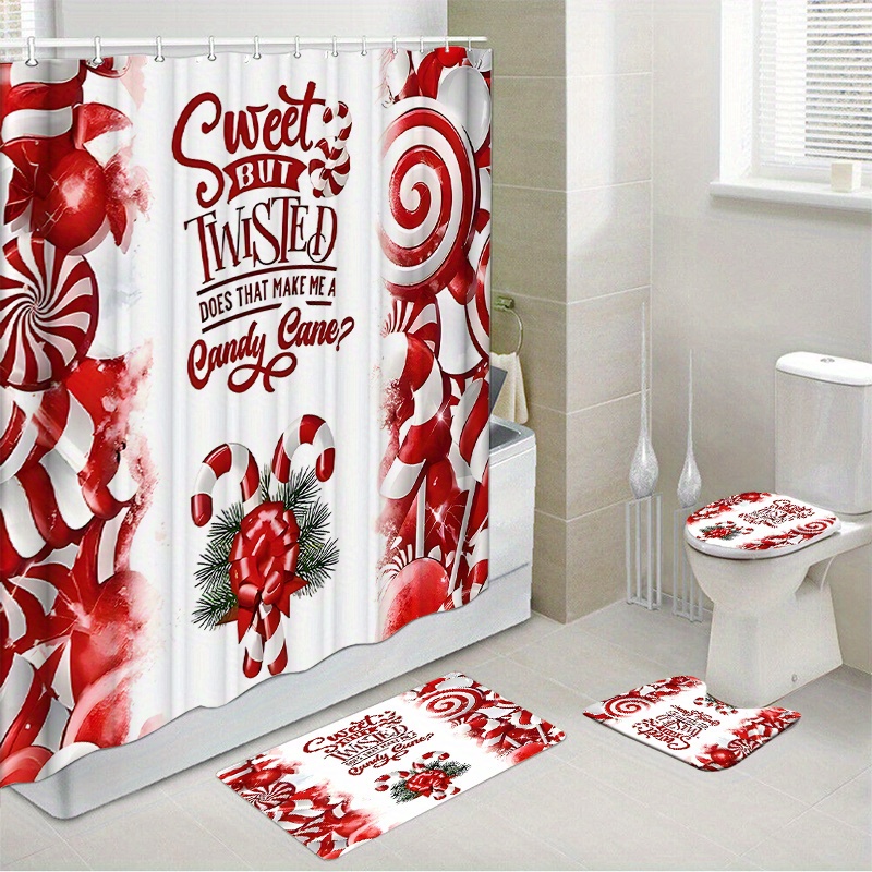 

1pc/4pcs Christmas Waterproof Shower Curtain Set With 12 Hooks And Bath Mat Toilet Seat Bathroom Seat Anti-slip Carpet Rug Polyester Fabric Curtain Bathroom Accessories Home Decor (open Jit)