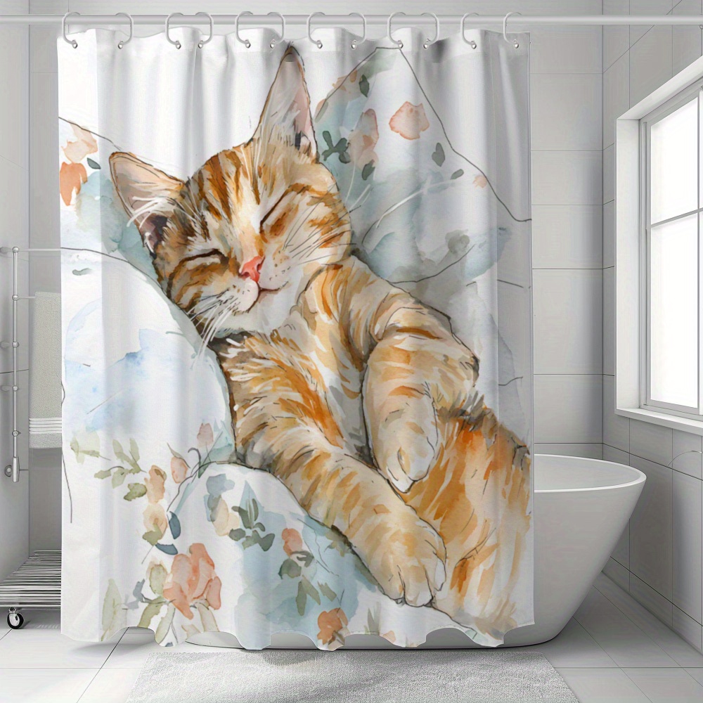 

1pc Cute Cat Pattern Shower Curtain, Waterproof Fabric - Home Bathroom Shower Curtain, Shower Screen, Bathtub Curtain, Bathroom Decor For All (includes 12 Hooks)