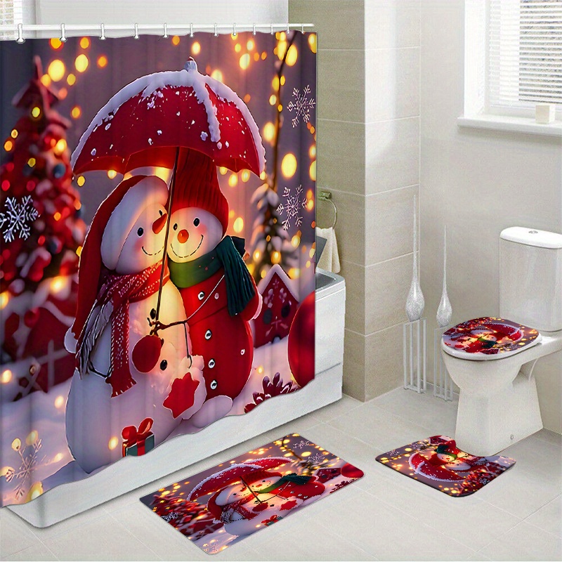 

1pc/4pcs Snowman Christmas Waterproof Shower Curtain Set With 12 Hooks And Bath Mat Toilet Seat Bathroom Seat Anti-slip Carpet Rug Polyester Fabric Curtain Bathroom Accessories Home Decor (open Jit)