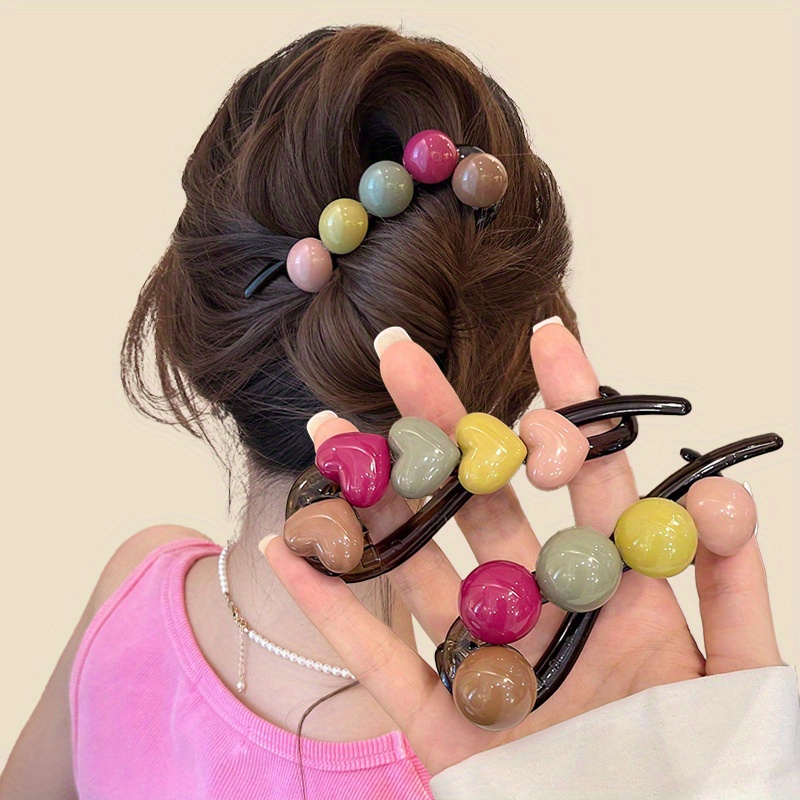 

Aylhfo Vintage Elegant Heart-shaped Hair Clip With Color Matching Beads - Plastic Twisted Hair Barrette For Women, Fashionable Hair Accessory For Styling, Suitable For , Single Piece, 14+ Years Old