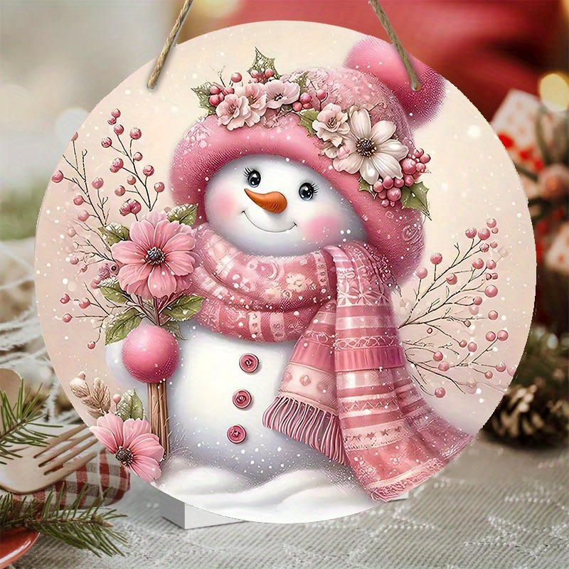 

Snowman Wreath Decoration - Pink Themed Christmas Holiday Decor, Round Wooden Hanging Art For Home, Garden, Patio - Multifunctional Ornament, No Feathers, No Electricity Needed, Indoor & Outdoor Use